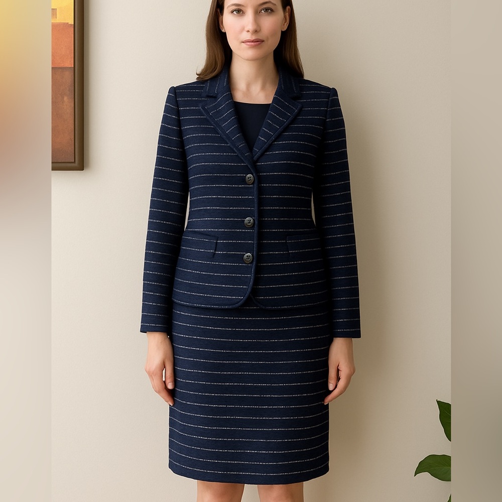 Preston & York Navy Blue Textured Striped 2 Piece Skirt Suit Blazer Set Sz 8